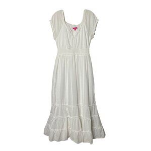 Betsey Johnson White Swiss Dot Maxi Dress L Womens Ruffle Sleeves & Tiered Skirt